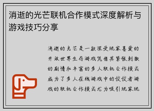 消逝的光芒联机合作模式深度解析与游戏技巧分享