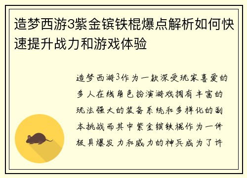 造梦西游3紫金镔铁棍爆点解析如何快速提升战力和游戏体验